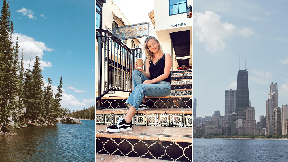 Colorado lake, woman on stairs and Chicago skyline in 2020 collage