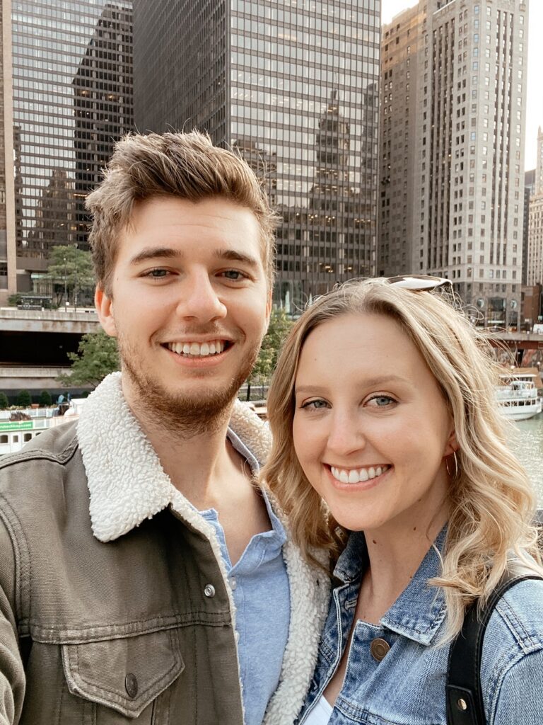 Couple in Chicago about to take an architectural boat tour